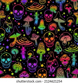 Seamless psychedelic pattern of bright poisonous mushrooms and human skulls