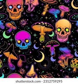 Seamless psychedelic pattern of bright poisonous mushrooms and human skulls	