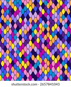 Patrón psicodélico sin fisuras con escamas de colores o diamantes en tonos vibrantes de color rosa, azul, amarillo y púrpura. Ideal para fondos abstractos o diseños textiles.