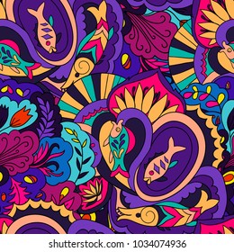 Seamless psychedelic pattern with fishes and flowers. Colorfull vector illustration. 