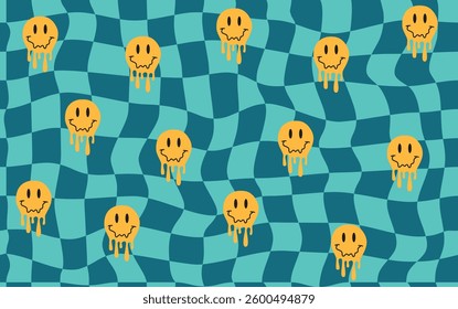 Seamless psychedelic pattern in hippie style with melted emojis. Trendy background with 70s groovy chessboard texture in blue colors.