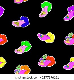 Seamless psychedelic pattern with lips with tongue sticking out. Mushrooms on the tongue, emoticons and pills on the tongue. Surrealism