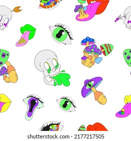 Nahtlose psychedelische Muster mit Pilzen. Schädel, Lippen und Augen. Surrealismus