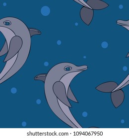 Seamless pttern with vector illustration of dolphin. Cartoon dolphin.