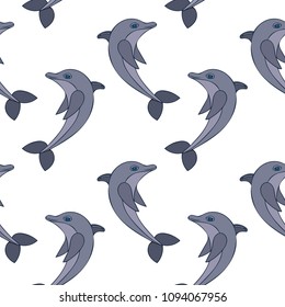 Seamless pttern with vector illustration of dolphin. Cartoon dolphin.