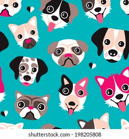 Seamless pug dalmatian husky and other dog breeds illustration background pattern in vector