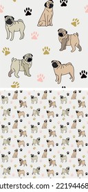 Seamless Pug dog pattern, holiday texture. Square format, t-shirt, poster, packaging, textile, socks, textile, fabric, decoration, wrapping paper. Trendy hand-drawn Pug dog wallpaper.