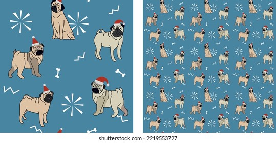 Seamless Pug dog pattern, holiday texture. Square format, t-shirt, poster, packaging, textile, socks, textile, fabric, decoration, wrapping paper. Trendy hand-drawn dogs wallpaper.