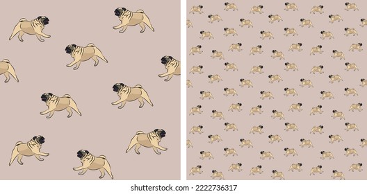 Seamless pug dog pattern, holiday texture. Packaging, textile, textile, fabric, decoration, wrapping paper. Trendy hand-drawn funny breed wallpaper. Running pug. Fun seamless square pattern.