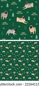 Seamless pug dog pattern, holiday texture. Square format, t-shirt, poster, packaging, textile, textile, fabric, decoration, wrapping paper. Trendy hand-drawn mops dogs wallpaper. Holiday background.