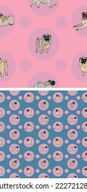 Seamless pug dog pattern, holiday texture. Square format. Pink, blue packaging, textile, fabric, decoration, wrapping paper.Trendy hand-drawn dogs wallpaper. Holiday background with circles.