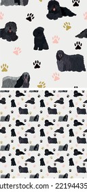 Seamless Puli dog pattern, holiday texture. Square format, t-shirt, poster, packaging, textile, socks, textile, fabric, decoration, wrapping paper. Trendy hand-drawn Puli dog wallpaper.