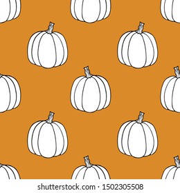 Seamless pumpkin background.Outline drawing of a pumpkin.Flat style.For  decoration of fabric,Wallpaper,packaging,dishes,paper,bed linen.Halloween design.White pumpkins on an orange background.