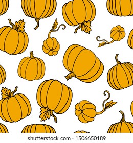 Seamless pumpkin background.Outline drawing of a pumpkin.Flat style.For decoration of fabric, Wallpaper, packaging, dishes, paper, bed linen.Halloween design.colored pumpkins on white background.