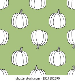 Seamless pumpkin background.White pumpkins on a green background.Outline drawing of a pumpkin.Flat style.For fabric decoration, Wallpaper, packaging, tableware, paper, bed linen.Halloween design.