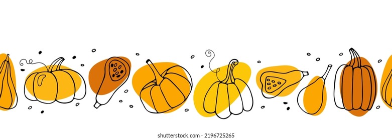 Seamless Pumpkin border. Hand drawn autumn vector backdrop. Line sketch on bright spots. Thanksgiving or Halloween Repeated vector illustration for wallpaper, wrapping paper, textile, scrapbooking.