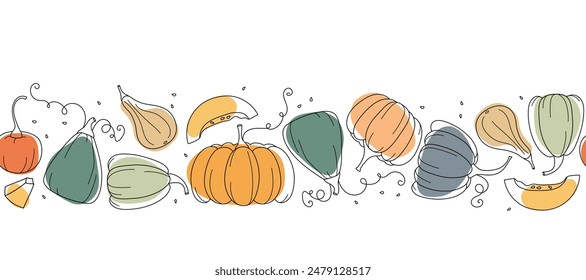 Seamless Pumpkin border. Hand drawn autumn vector backdrop. Line sketch on bright spots.