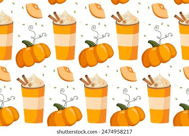 Seamless pumpkin hot drink pattern. Autumn, winter drink in take away cup, pumpkin fruit. Cappuccino for Christmas, Thanksgiving holiday. Festive Vector illustration for wallpaper, textile, wrapping