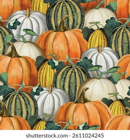Seamless pumpkin pattern for autumn, fall, thanksgiving. With leaves and foliage, repeatable tile.