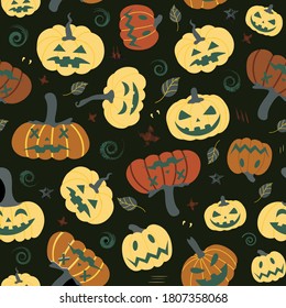 Nahtlose Kürbismuster mit Herbstblättern auf schwarzem Hintergrund. Halloween-Muster.Design für Halloween-Feierlichkeiten, Druckerzeugnisse, Banner, Textilien