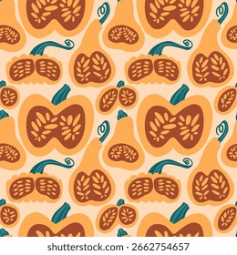 Seamless pumpkin pattern. Background of autumn pumpkins. Autumn texture for Thanksgiving, harvest and Halloween.