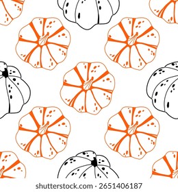 Seamless pumpkin pattern with black and orange line art pumpkins on white background. Ideal for autumn designs, fabric prints, wrapping paper, kitchen textiles, scrapbooking, and seasonal crafts.