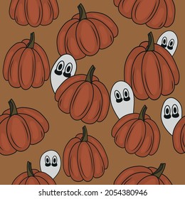 Seamless pumpkin pattern. Buy a pumpkin to celebrate and decorate it for the Halloween holiday. Gift wrapping. Vector illustration. Trick with a treat. Ghosts hide behind pumpkins.