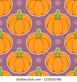 Seamless pumpkin pattern, cartoon, sticker style stylized fancy pumpkins. On purple background.