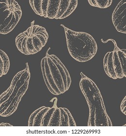 Seamless pumpkin pattern design. Outline pumpkins on dark background. Autumn hand drawn elements.