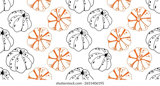 Seamless pumpkin pattern featuring black and orange line art pumpkins on a white background. For autumn-themed designs, fabric prints, wrapping paper, kitchen textiles, scrapbooking