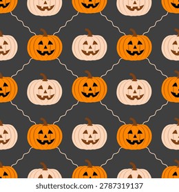 Seamless pumpkin pattern featuring simple orange and beige pumpkins arranged on a dark background. Minimal Halloween inspired design