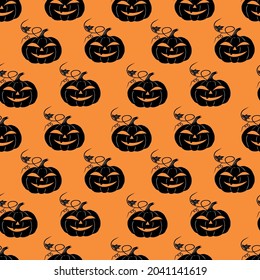 Seamless pumpkin pattern for Halloween. Vector illustration on an orange background.