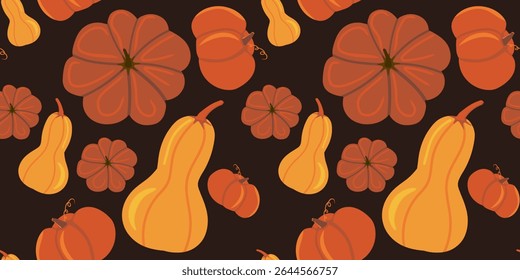 Seamless pumpkin pattern with hand-drawn style on a dark brown background. Perfect for fall designs, Thanksgiving decor, seasonal fabrics, and wrapping paper.