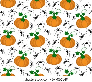 Seamless pumpkin pattern with spiders in Vector