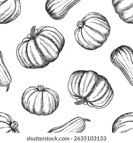 Seamless pumpkin pattern. Vector graphics. Black and white hand-drawn illustration. On a white background. Great for textiles and packaging, postcards and labels, prints and more.