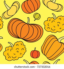 Seamless pumpkin pattern. Vector illustration. Design for textile, paper, background, halloween and thanksgiving holidays. Fall vegetables in flat style. Autumn harvest ornament.