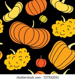 Seamless pumpkin pattern. Vector illustration. Design for textile, paper, background, halloween and thanksgiving holidays. Fall vegetables in flat style. Autumn harvest ornament.