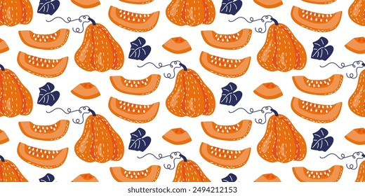 Seamless Pumpkin pattern, vegetables with leaves on white background. Orange Blue print. Whole vegetables and sliced pieces For wrapping paper, menu, wallpaper, packaging, textile. Autumn harvest