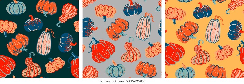 seamless pumpkin patterns set hand drawn autumn squash vector backgrounds for wrapping paper textile greeting card print design