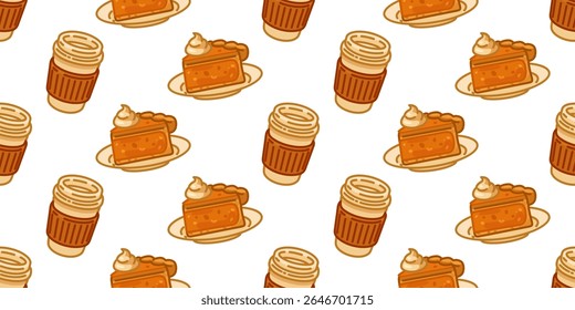 Seamless Pumpkin Pie Coffee Pattern. Pumpkin pie slices and coffee cups in a seamless cartoon flat style. Warm autumn colors, isolated on white background.