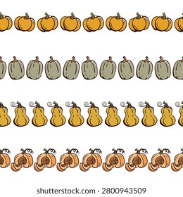 Seamless pumpkin repeat borders. Hand-drawn autumn harvest decorative lines for Thanksgiving invitation cards and seasonal design projects. A set of repeating linear dividers featuring different squash varieties, perfect for cozy autumn layouts.