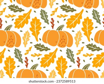 Seamless Pumpkin sketch pattern, hand drawn vegetables on white background. Thanksgiving, Halloween collage For wrapping paper, street festival, menu, wallpaper, packaging, textile. Autumn harvest