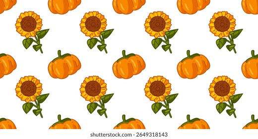 Seamless Pumpkin Sunflower Pattern. Seamless pattern with cartoon pumpkins and sunflowers in warm autumn colors. Flat style illustration on white background.