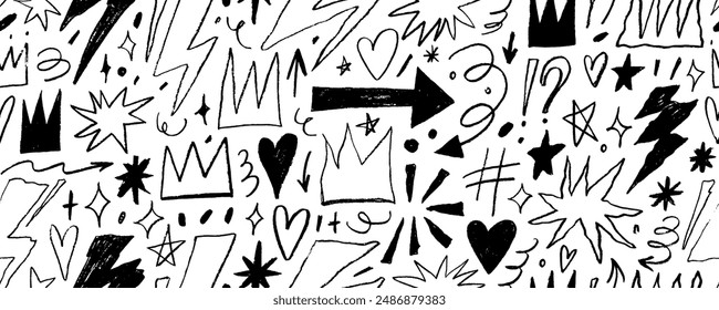 Seamless punk and rock style pattern with hand drawn crowns, arrows and lightnings.Crayon drawings, grunge doodle style illustrations. Girly wallpaper with pencil drawn elements. Punk doodle banner.