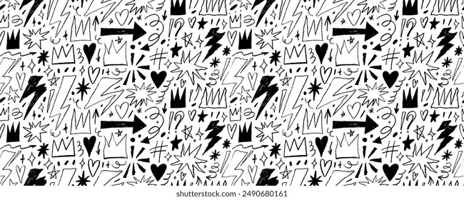 Seamless punk and rock style pattern with hand drawn crowns, arrows and lightnings.Crayon drawings, grunge doodle style illustrations. Girly wallpaper with pencil drawn elements. Punk doodle banner.