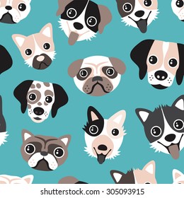 Seamless puppy love blue retro pets dalmatian pug bull dog and other breeds cute kids illustration background pattern in vector