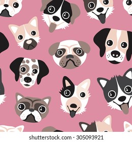 Seamless puppy love blue retro pets dalmatian pug bull dog and other breeds cute kids illustration background pattern in vector