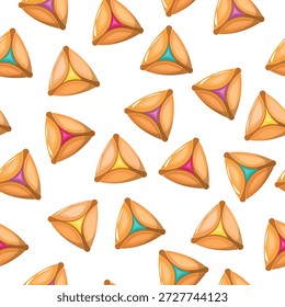 Patrón de galletas Purim sin costuras. Galletas de orejas de Amán. Tradiciones israelíes. Dibujado a mano. Ilustración vectorial.