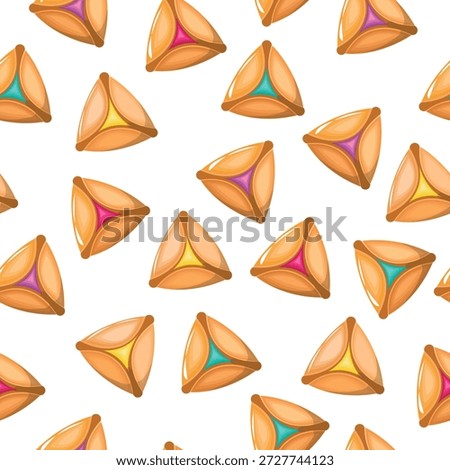 Seamless Purim cookie pattern. Haman's ears cookies. Israeli traditions. Hand drawn. Vector illustration.