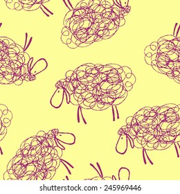 Seamless Purly sheeps pattern on yellow background.